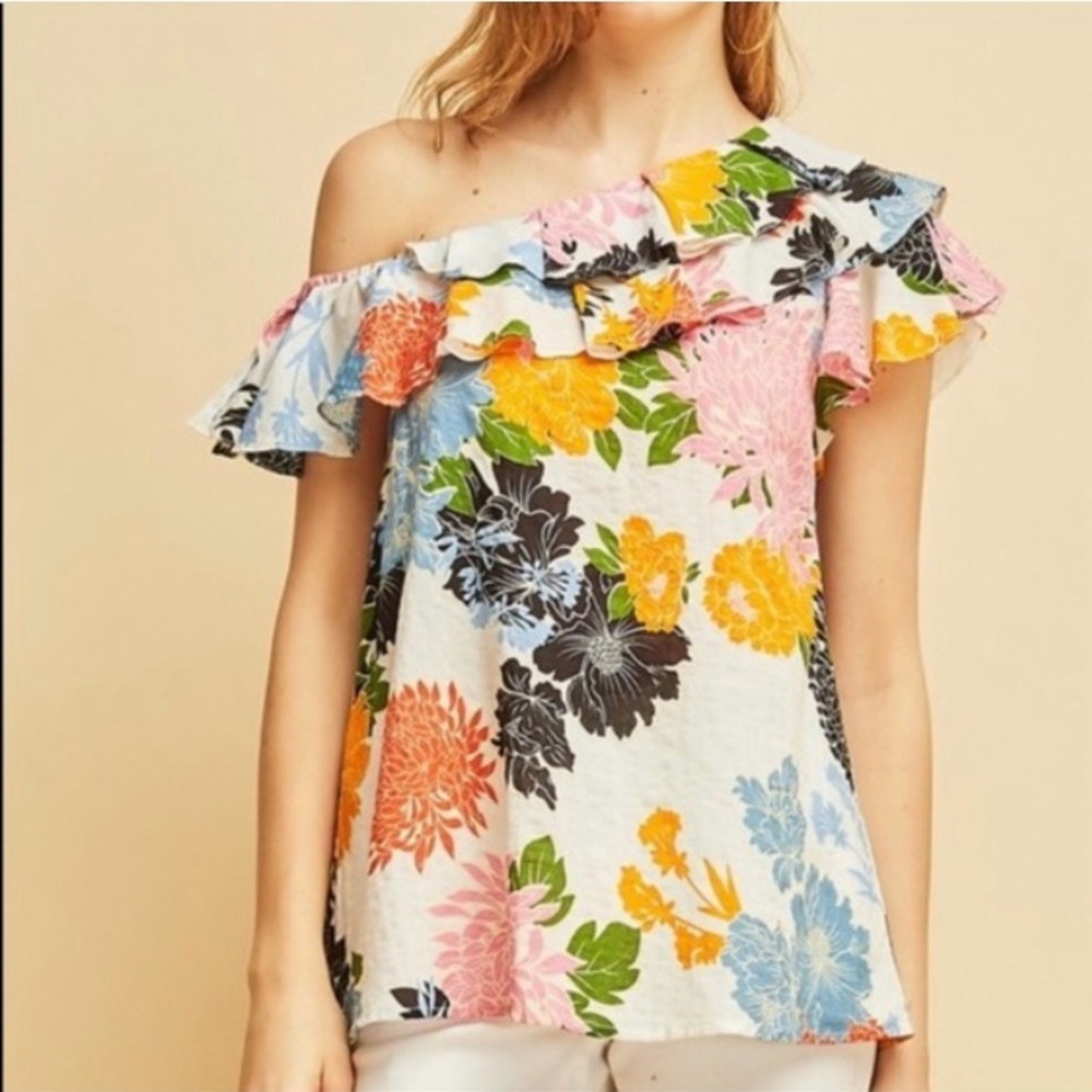 Entro Orange and Blue Floral Ruffled One Shoulder Blouse Size Medium